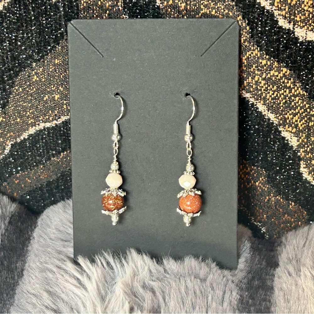 Handcrafted elegant bead capped goldstone faceted opalescent crystal earrings